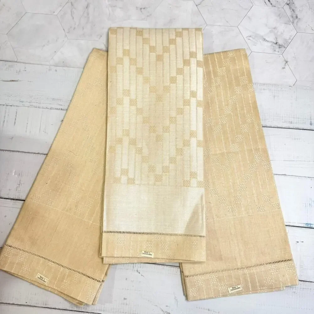 Set of 3 Vintage Czech Linen Dish Towels Beige Textured Tea Towels NEW OLD STOCK